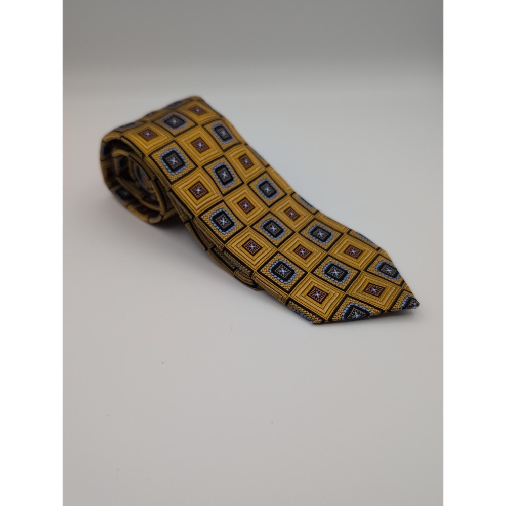 Vntg JZ Richards Silk Tie Gold Blue Geometric Squares Handmade USA Nordstrom NEW